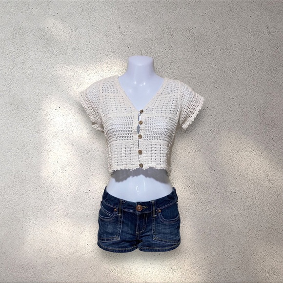 Rebellion Again White Crochet Button Up Short Sleeves Cardigan - Picture 1 of 4